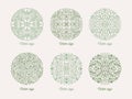 Collection of round floral oriental motifs. Set of green arabic mandalas. Bundle of elegant decorative design elements