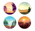 Collection of round illustrations on nature, city and sport theme. Use as logo, emblem, icon or your design work