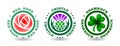 Collection of round logotypes with rose, thistle, shamrock. National symbols of England, Scotland, Ireland