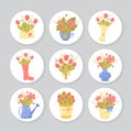 Collection of round romantic gift tags with cute bouquets of spring flowers for Mothers day, birthday, wedding, easter