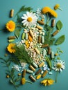 A Group Of Pills And Flowers