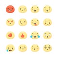 Collection of round yellow smiley faces expressing different emotions