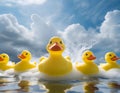 Group of Rubber Ducks Floating in Water. Generative AI