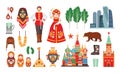 Collection of Russian national costumes, attributes, buildings isolated on white background - matryoshka, balalayka