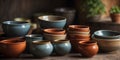 Collection of rustic ceramic bowls and dishes. Royalty Free Stock Photo