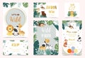 Collection of safari background set with giraffe,fox,monkey,zebra.Vector illustration for birthday invitation,postcard and sticker Royalty Free Stock Photo