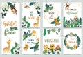 Collection of safari background set with giraffe,leopard,monkey,lion.Editable vector illustration for birthday invitation,postcard