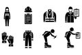 Collection of safety and construction worker icons featuring protective gear and work activities including high visibility vests Royalty Free Stock Photo