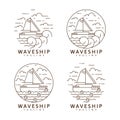 Collection sailing ship and waves illustration monoline or line art style