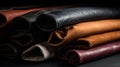 Collection of samples of natural leather for clothes, furniture in row, black background. AI generated. Royalty Free Stock Photo