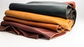 Collection of samples of natural leather for clothes, furniture in row, white background. AI generated. Royalty Free Stock Photo