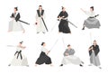 Collection of samurai isolated on white background. Set of male Japanese warriors wearing various clothes, standing in Royalty Free Stock Photo