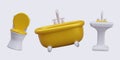 Collection of sanitary ware in cartoon style. Golden bathtub on clawfoot, toilet Royalty Free Stock Photo