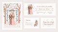 Collection of Save The Date card, wedding party invitation and response note templates with cartoon bride and groom on Royalty Free Stock Photo