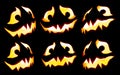 Collection of scary Halloween pumpkin Jack o lantern faces glowing red and yellow