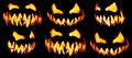 Collection of scary Halloween pumpkin Jack o lantern faces glowing red and yellow