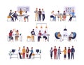Collection of scenes at office. Bundle of men and women taking part in business meeting, negotiation, brainstorming Royalty Free Stock Photo
