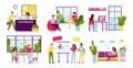 Collection of scenes at office or coworking vector illustrations. Men and women working, brainstorming, business meeting Royalty Free Stock Photo