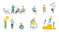 Collection of scenes at office. Set of men and women taking part in negotiation, business meeting, brainstorming, working Royalty Free Stock Photo
