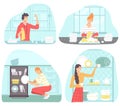 Collection of scenes with people doing housework. Set of men and women washing dishes, wipe the dishes, arrange the mugs. Flat