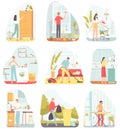 Collection of scenes with people doing housework. Set of men and women water plants, washing clothes, cleaning windows, dusting