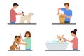 Collection of Scenes with people grooming dogs. Man and Women caring of pets Royalty Free Stock Photo