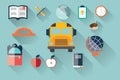 Collection of school items icons, flat design, long shadow Royalty Free Stock Photo
