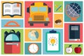 Collection of school items icons, flat design, long shadow