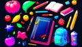 Collection of school supplies including backpack, notebook, pencils, and other items Royalty Free Stock Photo