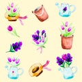 Collection of scrapbook watercolor elements with flowers, watering can and straw hat. Vector set of cute spring cartoon Royalty Free Stock Photo