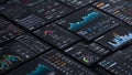 Collection of screens displaying various financial charts data and analytical graphs on dark interface with modern design for Royalty Free Stock Photo