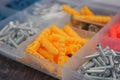 Collection of screws and wall plugs in a storage box Royalty Free Stock Photo