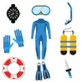 Collection of scuba diving. Diver wetsuit, scuba mask, snorkel, fins, oxygen cylinders, lifebuoy, flippers icons Royalty Free Stock Photo