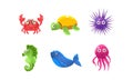 Set of cartoon sea creatures with funny faces. Marine animals. Flat vector for mobile game of children book Royalty Free Stock Photo