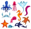 Collection sea and ocean animals. Set of fauna characters - fishes marine creatures and others in flat cartoon style