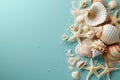 collection of sea shells and starfish on a blue background top view with copy space, summer flat lay frame design Royalty Free Stock Photo