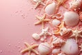 collection of sea shells and starfish on a pastel pink background top view with copy space, summer flat lay frame design Royalty Free Stock Photo