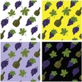 Collection of seamless abstract patterns featuring wine products, bottles, grapes, grape leaves