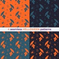 Collection of seamless horror patterns for Helloween. Raven or crow on graves or tombs in cemetery and spiders around. Differect