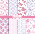 Collection of seamless pattern in blue and pink colors. Endless texture with butterflies, hearts and roses. Decorative Royalty Free Stock Photo