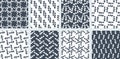 Collection seamless pattern of blue and white abstract twigs with leaves in the shape of hearts. Different compositions from one