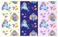 Collection of seamless pattern with cute little mermaids, dolphins, fish. Under the sea.