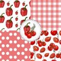 Collection of seamless pattern of red hand drawn red tomatoes, sweet peppers and objects for kitchen. Ink and colored sketch. Royalty Free Stock Photo