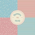 Collection of seamless patterns. Blue and pink flowers and stripes. Pattern for covers, wallpapers, fabric, paper, scrapbooking Royalty Free Stock Photo