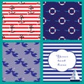 Collection with seamless patterns and card in marine style Royalty Free Stock Photo