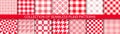 Collection of seamless textile patterns - red geometric design. Vector repeatable plaid backgrounds. Unusual simple