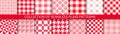Collection of seamless textile patterns - red geometric design. Vector repeatable plaid backgrounds. Unusual simple