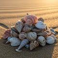 A collection of seashells arranged in a pile on sandy ground. The shells vary in shape, including Royalty Free Stock Photo