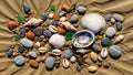 A collection of seashells, pebbles, and small rocks arranged on rippled sand Royalty Free Stock Photo