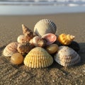 Collection of seashells and small smooth stones arranged on a sandy Royalty Free Stock Photo